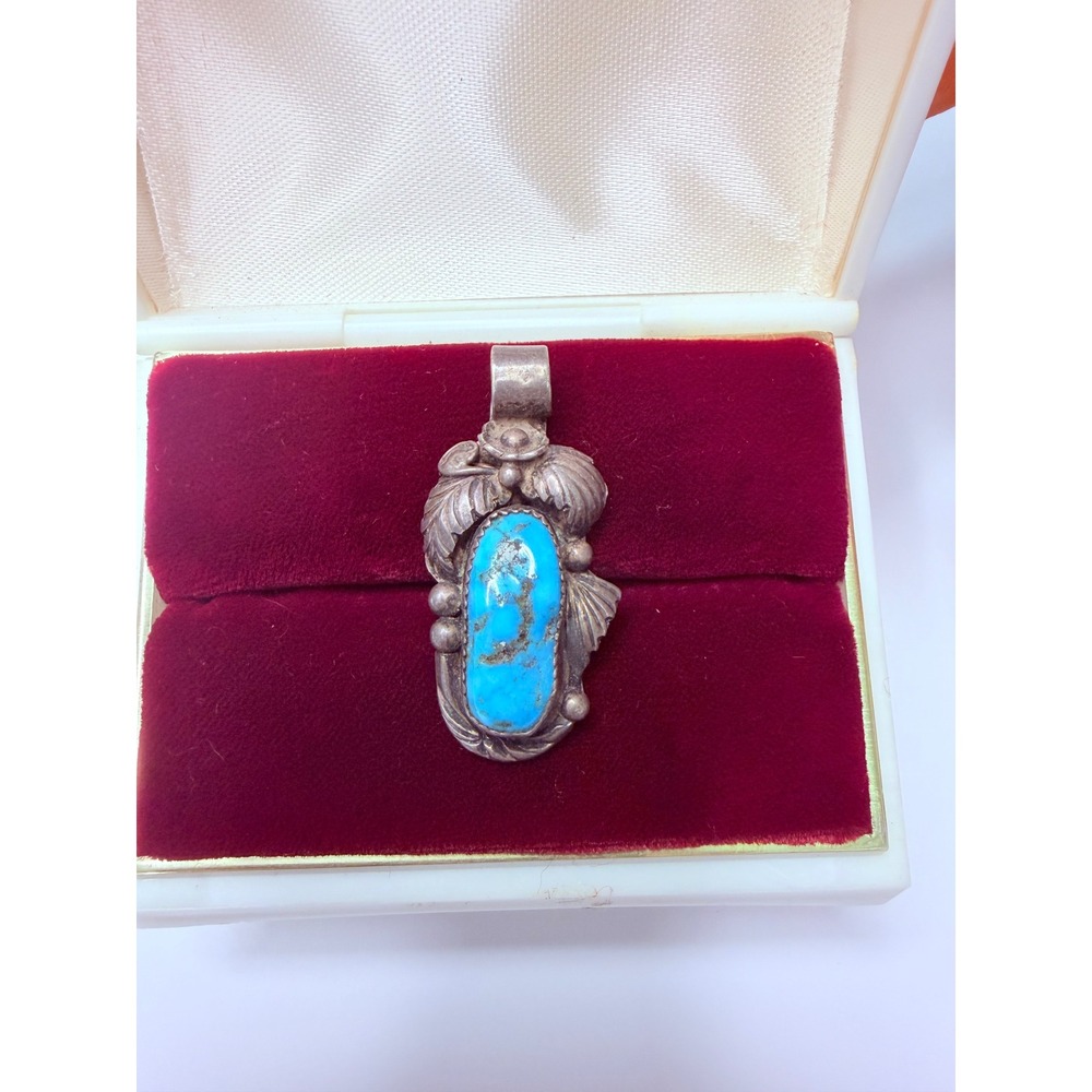 Native American Silver Turquoise Pendant Signed JW Leaf & Bead